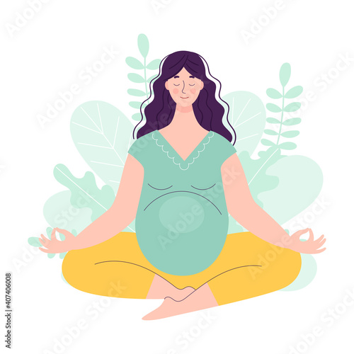Beautiful young pregnant woman in lotus position. Yoga and sports concept for pregnant women. Vector illustration in flat style on floral background.