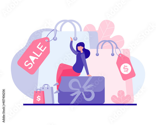 Favorable shopping for holiday discount vector flat concept. Female character sitting on gift box surrounded by promotional sale bags.