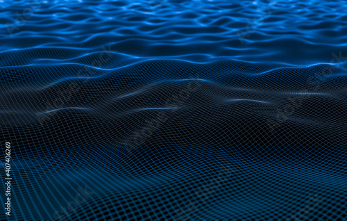 3D Illustration line rendering of waves splashing in the sea background. Wireframe Rendering