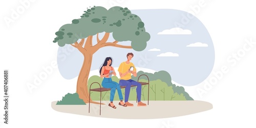 Cartoon flat characters surfing internet outdoor - web chat,social networking service,online education,messenger communication,freelance remote work concept