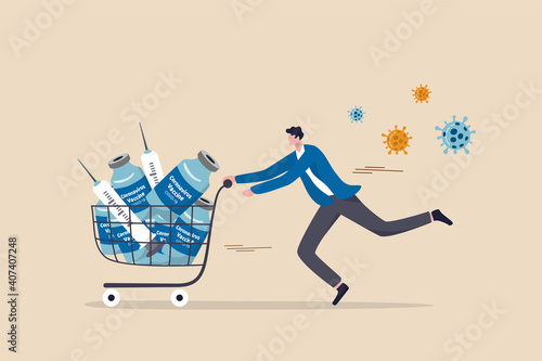 COVID-19 vaccine affordability, privilege or priority to access Coronavirus vaccine concept, wealthy man trying to buy expensive lot of vaccine bottles and syringe in shopping cart with virus pathogen