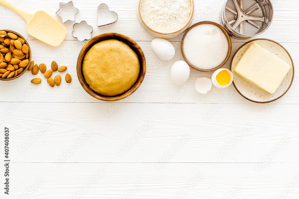 Pastry baking ingredients and utensils on kitchen table Pastry baking ingredients and utensils on kitchen table