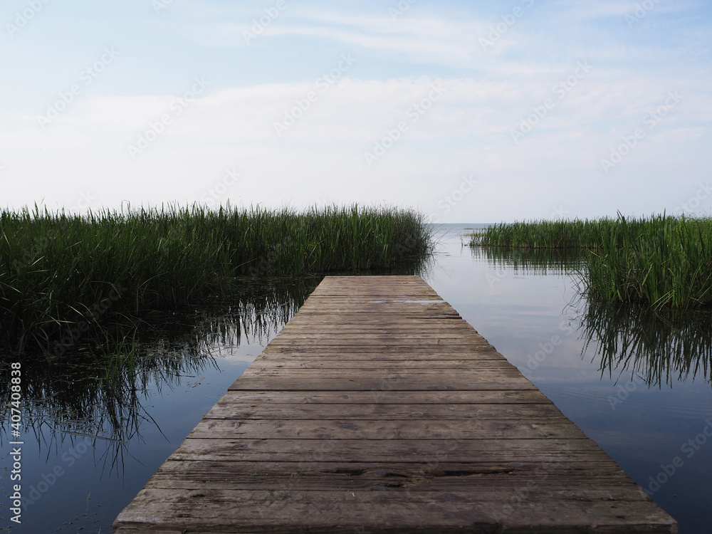 A long wooden bridge leading into the lake and surrounded by thickets of reeds. A long wooden bridge leading into the lake and surrounded by thickets of reeds.