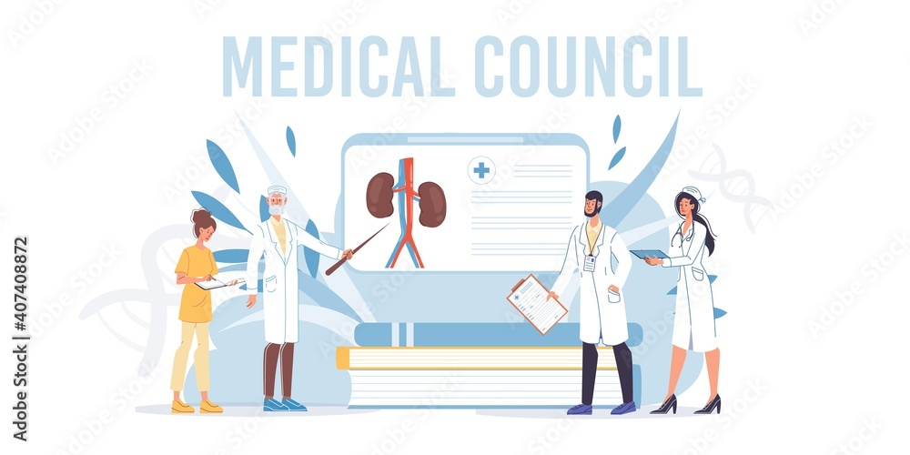 Cartoon flat doctor characters and nurses in uniform,laboratory coats with medical devices-medic team,science council,conference and education concept Cartoon flat doctor characters and nurses in uniform,laboratory coats with medical devices-medic team,science council,conference and education concept