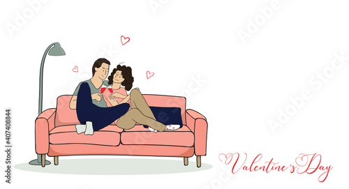 Happy couple sitting on the sofa, celebrating Valentine's Day. Vector illustration