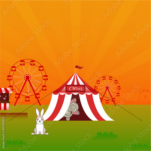 Illustration Of Elephant In Circus Tent With Rabbit, Ferris Wheel On Orange And Green Background.