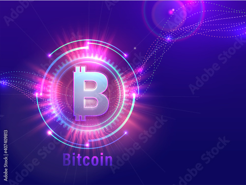 Abstract Futuristic Digital Technology Shiny Background With Bitcoin Symbol.