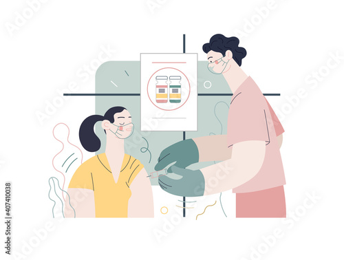 Medical insurance - coronavirus COVID-19 vaccination -modern flat vector concept digital illustration of a therapist vaccinating a female patient, medical office or laboratory