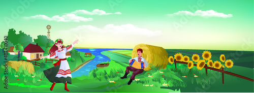 Rural landscape - a dancing girl and a guy with an accordion in the meadow. Sunflowers, dachas by the river with a boat on the bank. Vector illustration