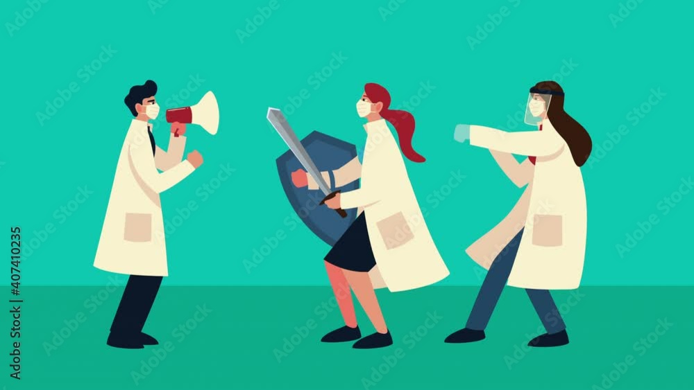 doctors couple wearing medical masks with shield and megaphone doctors couple wearing medical masks with shield and megaphone