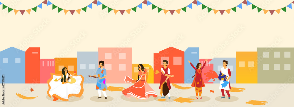 Illustration Of Indian People Play Holi By Coloring Each Other On Colorful Building Background.