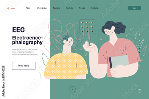 Medical tests illustration - EEG - electroencephalography - modern flat vector concept digital illustration of encephalography procedure - a patient with head electrodes and doctor in medical office