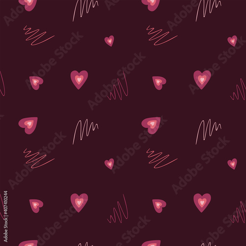 Seamless pattern with hearts and strokes, endless texture on a dark red background in a romantic style. Valentines day background. Vector illustration