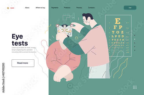 Medical tests template - c -modern flat vector concept digital illustration of eye test procedure -a female patient and a doctors with phoropter, ophthalmologic office