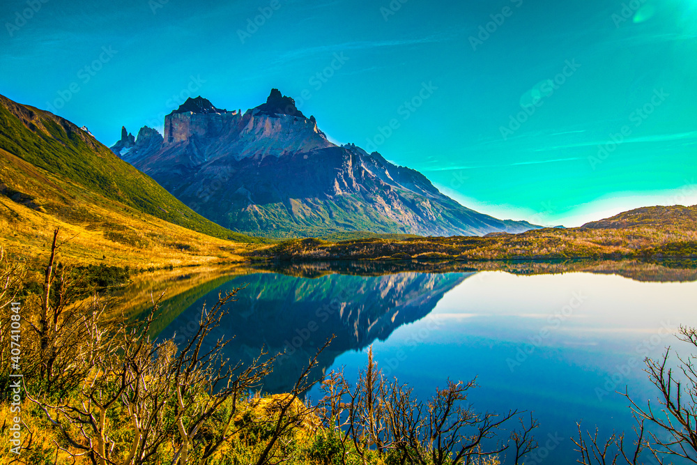 Tranquil mountain lake, Torres del Paine, Chile