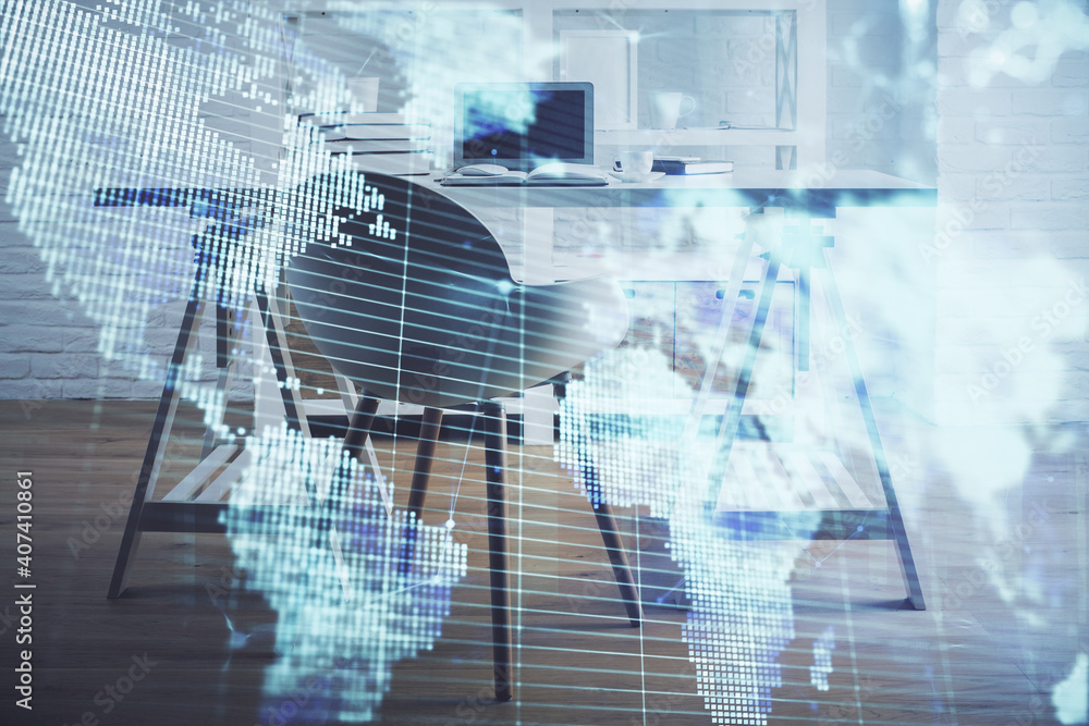 Double exposure of business theme drawing and office interior background. Concept of success Double exposure of business theme drawing and office interior background. Concept of success
