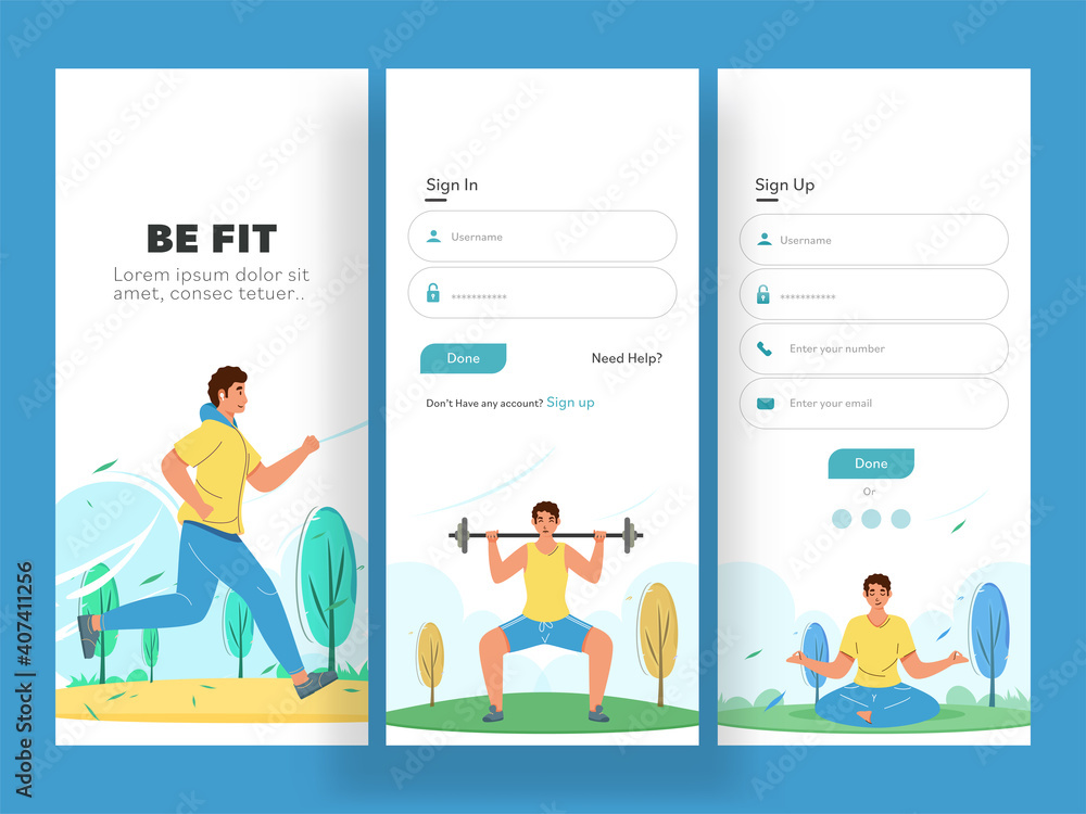 Fitness App UI Screens Or Template Layout As Sign In, Create Account And Sign Up.