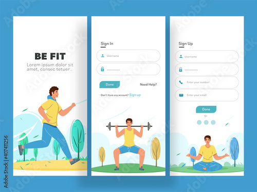 Fitness App UI Screens Or Template Layout As Sign In, Create Account And Sign Up.