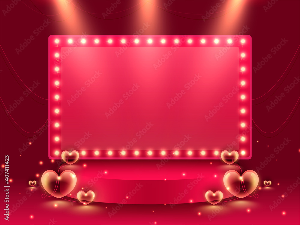 Empty Pink Marquee Frame Over Stage Or Podium With Hearts On Red Lights Effect Background.