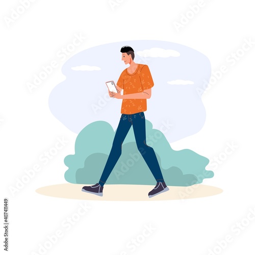 Cartoon flat character surfing internet outdoor - web chat,social networking service,online education,messenger communication,freelance remote work concept