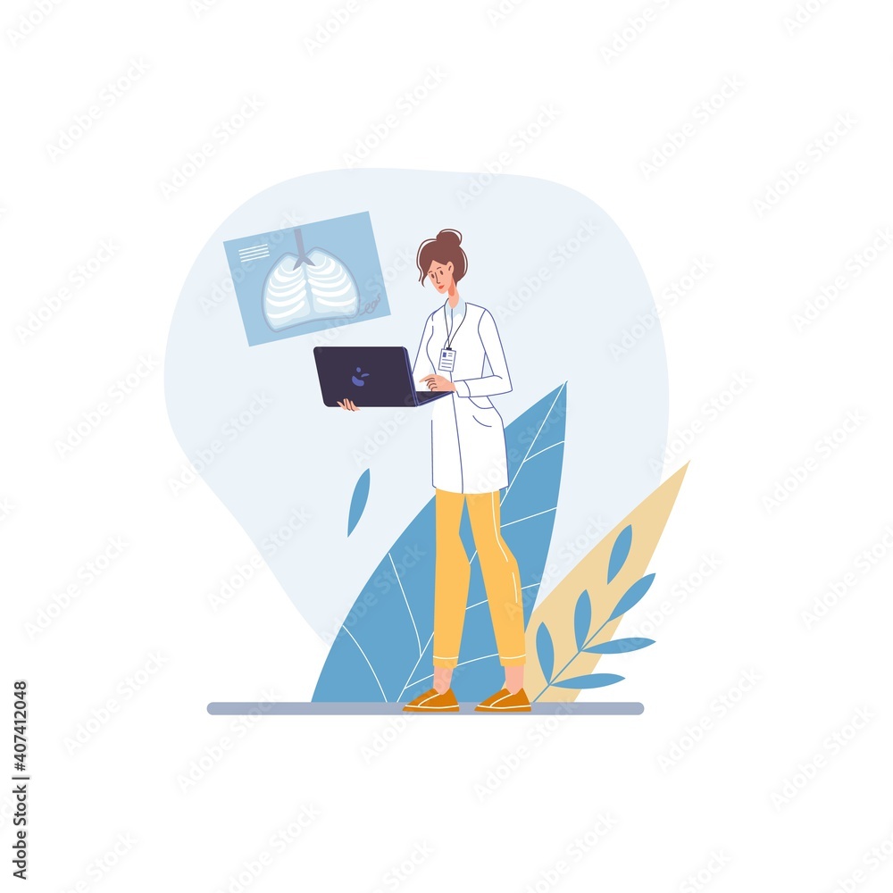 Cartoon flat doctor character in uniform,lab coat with medical pictures and symbols-radiography and x-ray diagnostics concept Cartoon flat doctor character in uniform,lab coat with medical pictures and symbols-radiography and x-ray diagnostics concept