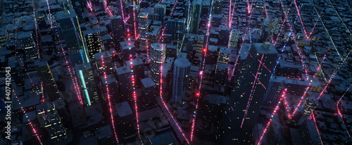 Inteligentne miasto z połączeniem ze świecącym światłem cząsteczkowym