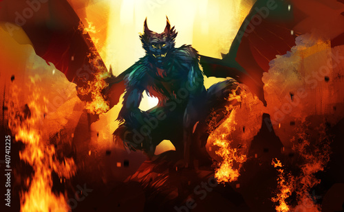 Fotografie, Obraz Digital illustration painting design style a devil sitting on big rock, against dark cave