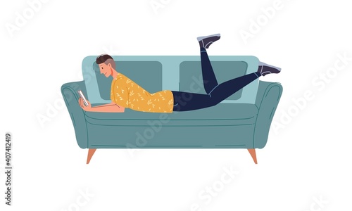 Cartoon flat character surfing internet indoor at home interior - web chat,social networking service,online education,messenger communication,freelance remote work concept