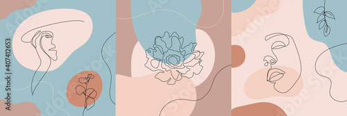 Vector minimalist style portrait. Line flower, woman portrait. Hand drawn abstract feminine print. Use for social net stories, beauty logos, poster illustration, card, t-shirt