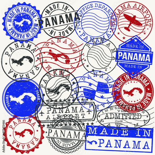 Panama Set of Stamps. Travel Passport Stamps. Made In Product. Design Seals in Old Style Insignia. Icon Clip Art Vector Collection.