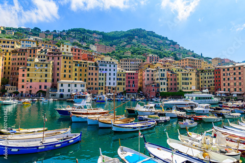 Camogli town in Liguria  Italy. Scenic Mediterranean riviera coast. Historical Old Town Camogli with colorful houses and sand beach at beautiful coast of Italy.