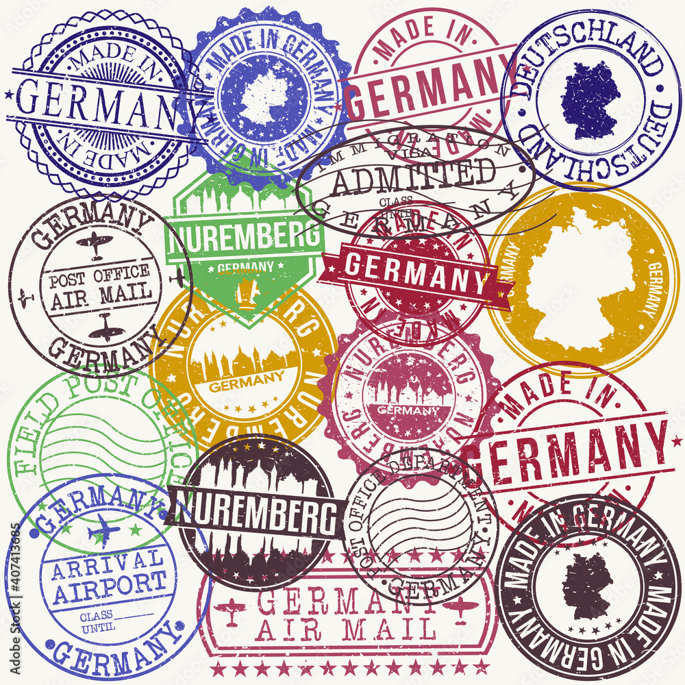 Obraz premium Nuremberg Germany Set of Stamps. Travel Stamp. Made In Product. Design Seals Old Style Insignia.