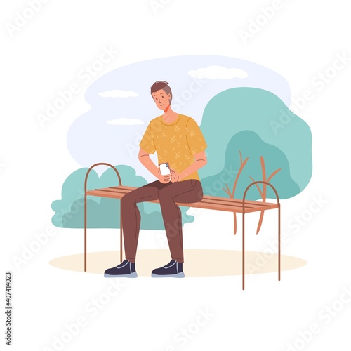 Cartoon flat character surfing internet outdoor - web chat,social networking service,online education,messenger communication,freelance remote work concept