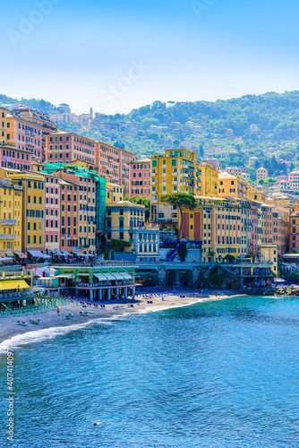 Fototapeta Naklejka Na Ścianę i Meble -  Camogli town in Liguria, Italy. Scenic Mediterranean riviera coast. Historical Old Town Camogli with colorful houses and sand beach at beautiful coast of Italy.