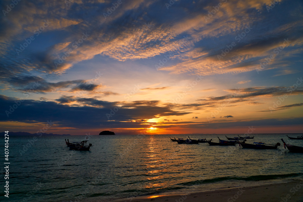 New day with Sunrise Skyline and Silhouette boats in the sea for landscape travel