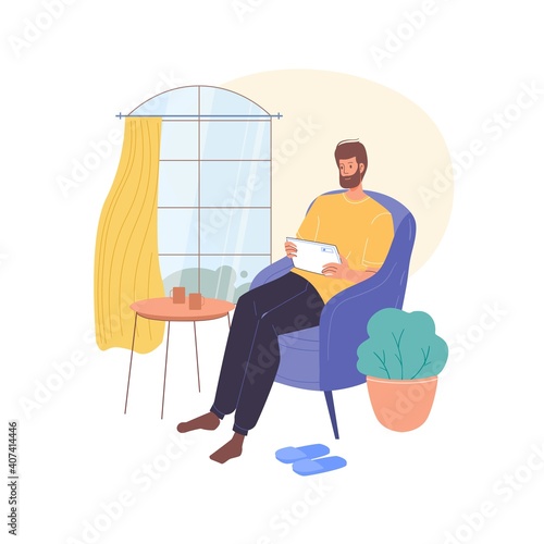 Cartoon flat character surfing internet indoor at home interior - web chat,social networking service,online education,messenger communication,freelance remote work concept