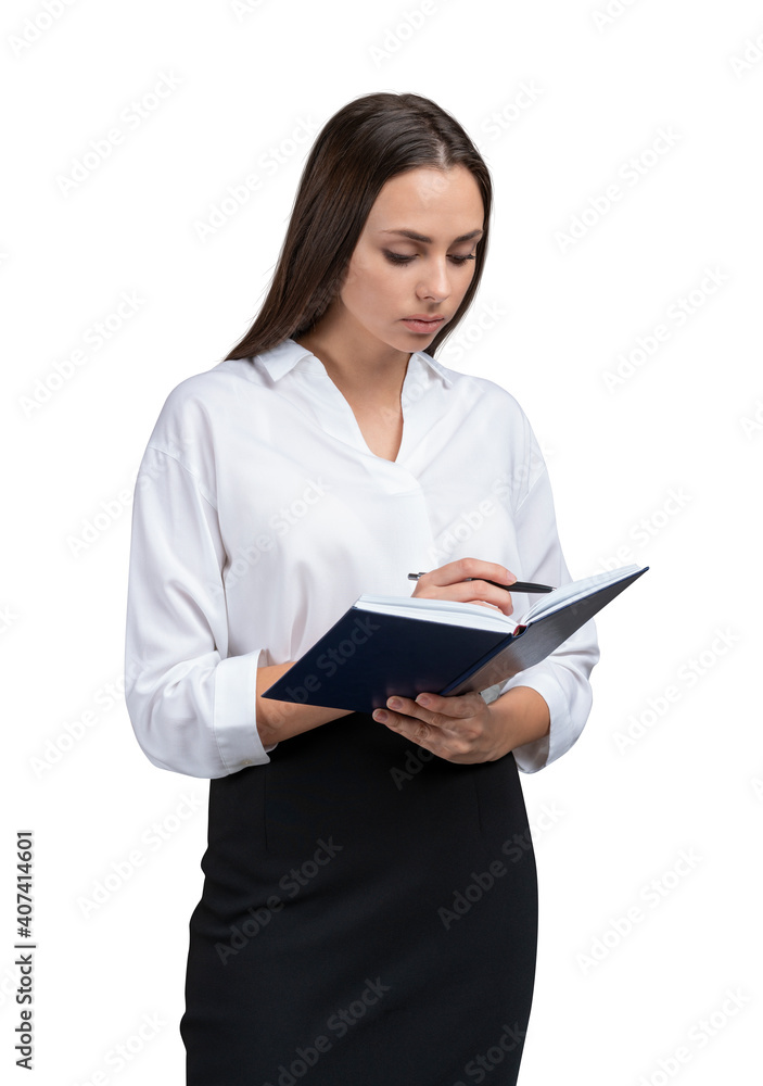 Young businesswoman in white shirt and black skirt with notebook and pen in hands. Female office manager isolated over white background making notes Young businesswoman in white shirt and black skirt with notebook and pen in hands. Female office manager isolated over white background making notes