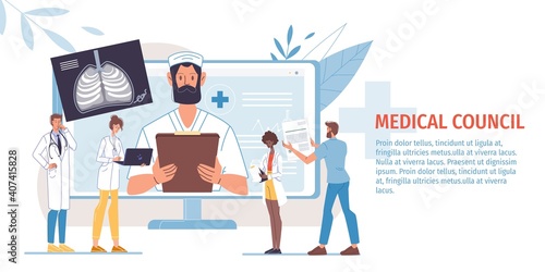 Cartoon flat doctor characters and nurses in uniform,laboratory coats with medical devices-medic team,science council,conference and education concept