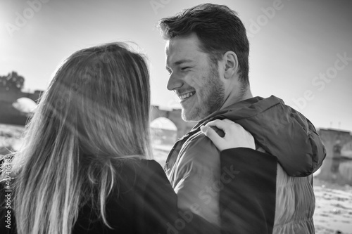 Young Couple Having Fun. Young Couple Having Romantic Moments Together In The Street. Couple Concept