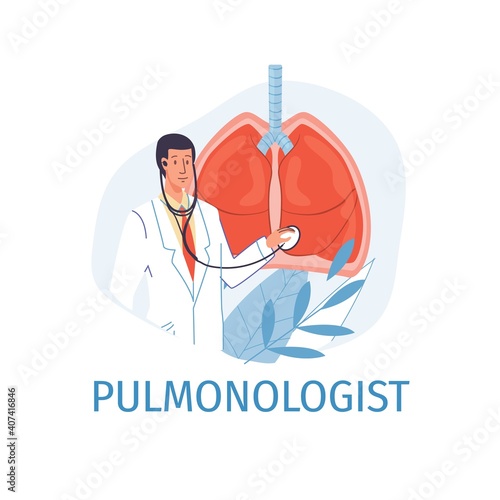 Cartoon flat doctor character in uniform,lab coat with medical devices and symbols-pulmonologist medic profession career concept