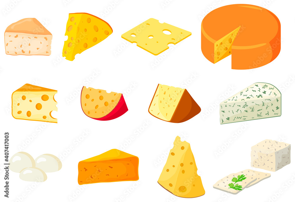 A set of different types of cheese.Cheddar ,mozzarella, maasdam,brie