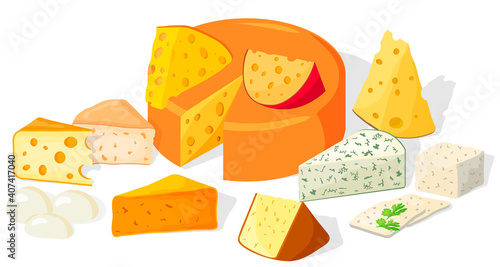 A set of picturesquely arranged pieces of various cheeses.Cheddar ,mozzarella, maasdam,brie, roquefort, gouda, feta and parmesan.Cut into triangles and slices of delicious cheeses. Illustration done i