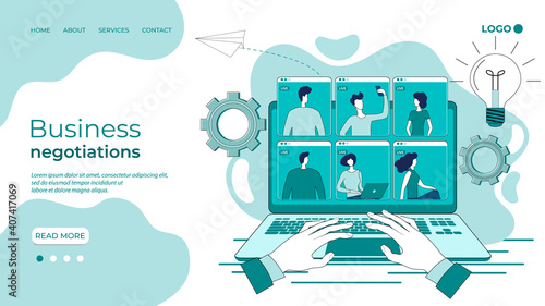 Business negotiations online.People talk to each other via video conference using a laptop.The concept of business relations and teamwork.Business and modern technologies.Flat vector illustration.