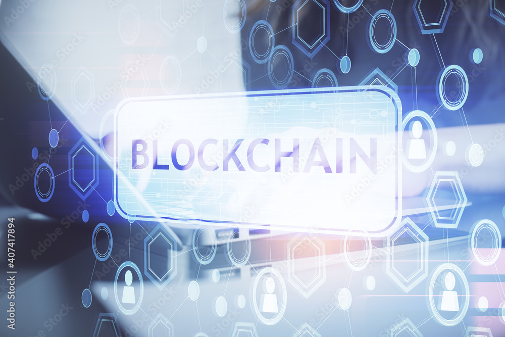 Double exposure of woman hands typing on computer and crypto market theme hologram drawing. Blockchain concept. Double exposure of woman hands typing on computer and crypto market theme hologram drawing. Blockchain concept.
