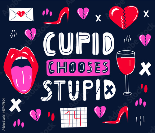 Anti Valentine's Day funny poster. Lips, glass of wine, broken heart, letter and calendar with date 14 february. Vector flat hand drawn illustration.