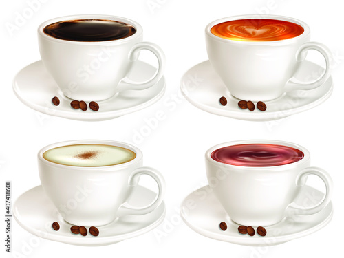 Set of four cups of coffee of different grades side view isolated on white background. Coffee in a white cup with a saucer and coffee beans. Vector illustration
