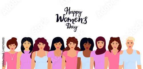 Diverse and multi-ethnic people. Group of girls of different nationalities. The union of sisterhood. International Women's Day horizontal poster. Empowerment of women. Feminism