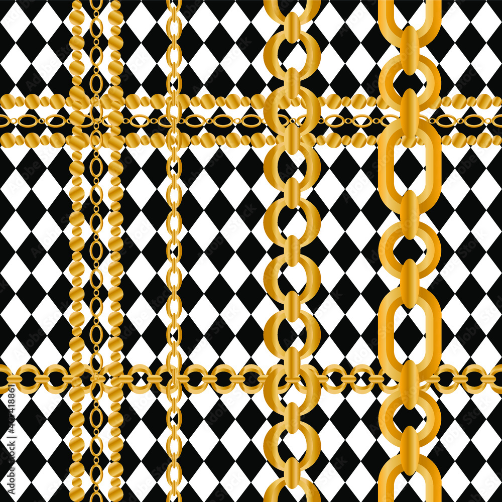 Fototapeta premium Seamless pattern decorated with precious stones, gold chains and pearls. 