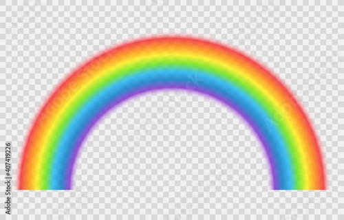 Realistic rainbow isolated on transparent background. Multicoloured circular arc. Beautiful meteorological phenom occurring after rain. Symbol of rain, sky, clear, nature.