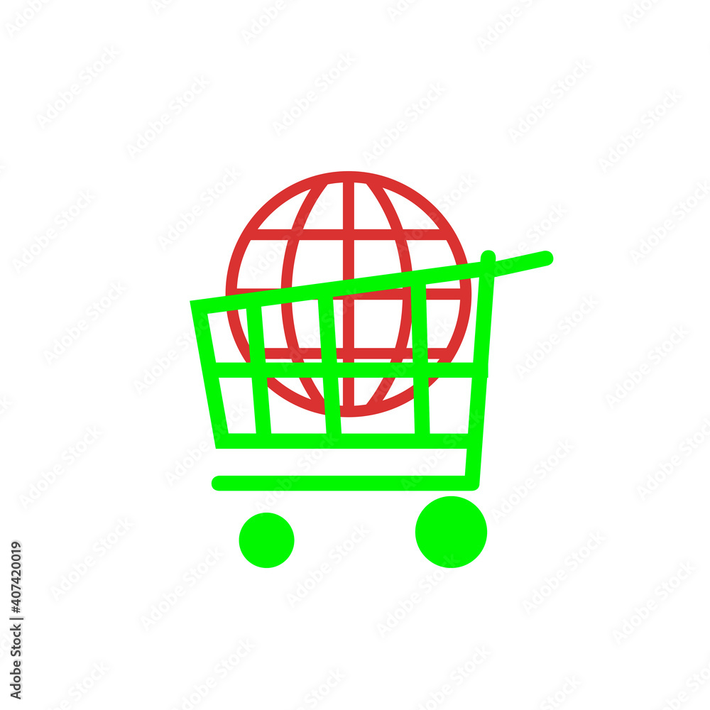 Globaler Handel - Icon mit Warenkorb und Globus Globaler Handel - Icon mit Warenkorb und Globus